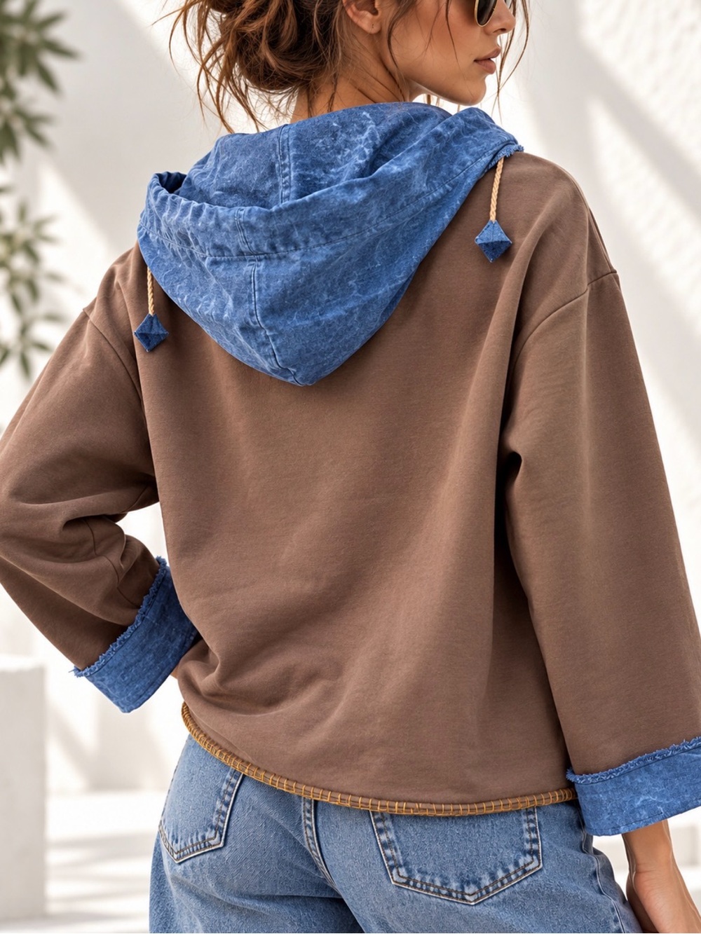 OOAK Handmade Upcycled Hoodie L/XL Eco Dyed Cotton Denim Patchwork Boho Floral - Picture 4 of 13